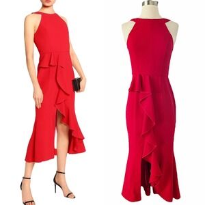 NICHOLAS Red Piper Dress Sleeveless Ruffles Cocktail Dress Designer US 2 Flawed